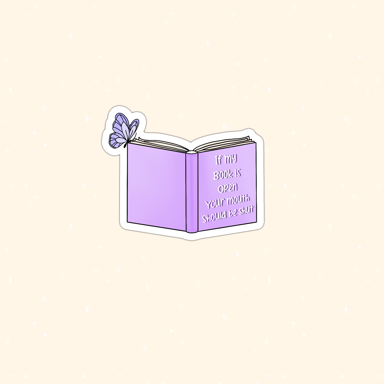 A die-cut sticker featuring a light purple open book with the quote &
