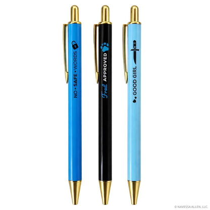 Three pens with different colored barrels and gold accents on a white background