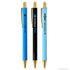 Three pens with different colored barrels and gold accents on a white background
