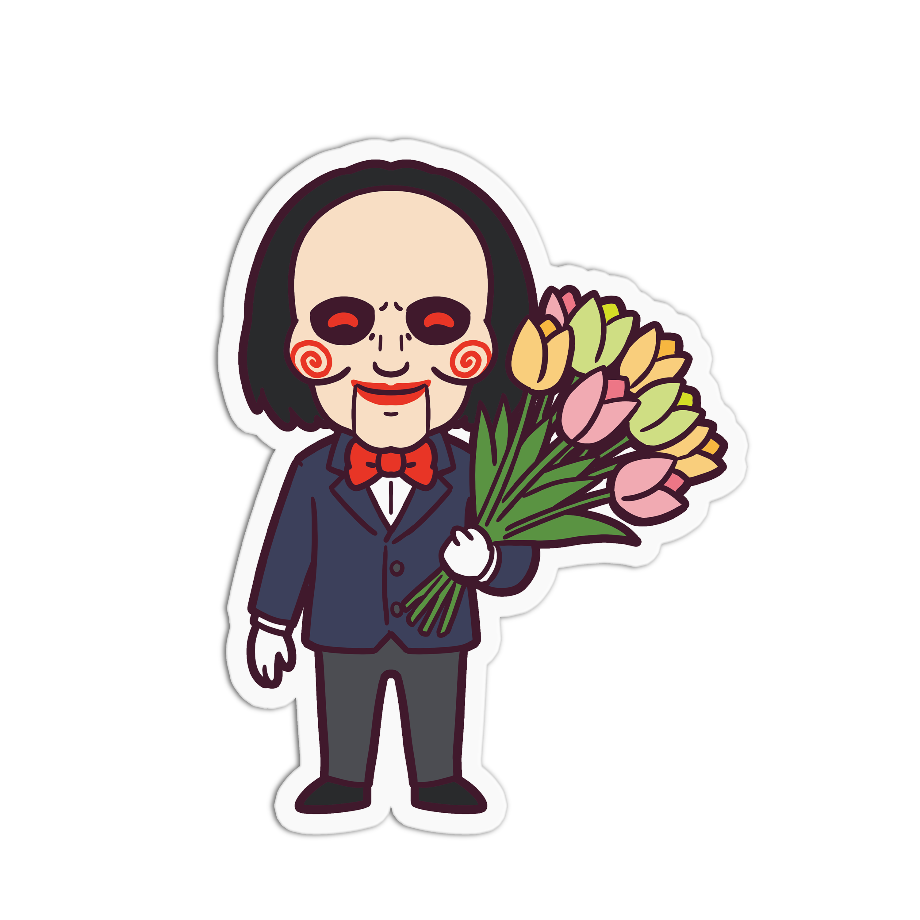 Cartoon character holding a bouquet of flowers on a white background