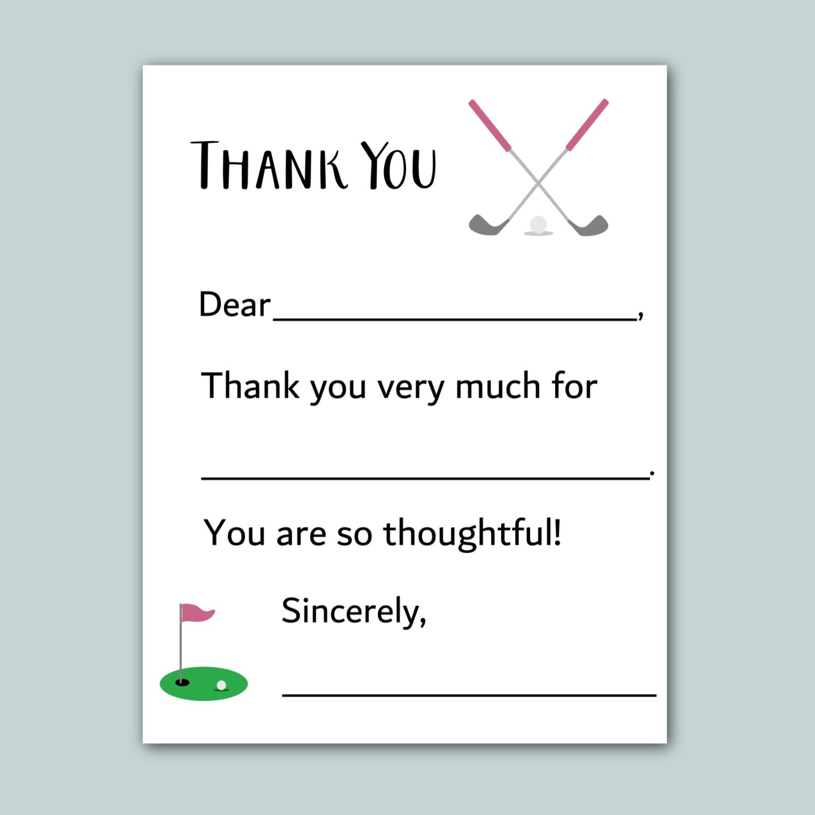 The image is a white card with a golf-themed design, including a golf club and a flag on the green. The card has a message expressing gratitude, and it is not a collage of multiple images. The text on the card is as follows: "Thank You Dear [blank space] Thank you very much for You are so thoughtful! Sincerely, [blank space]"
