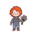Cartoon character with red hair and colorful outfit holding flowers on a white background