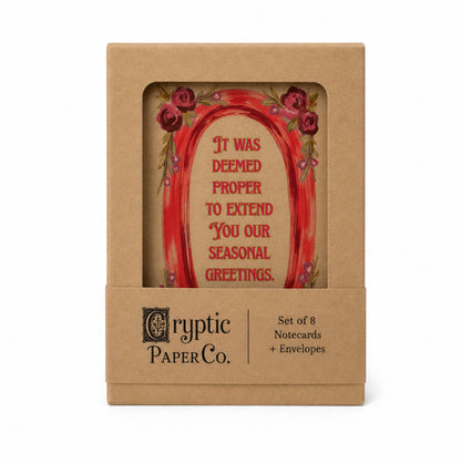 Cryptic Paper Co. set of 8 notecards and envelopes in a brown kraft paper box with a clear window showing a red vintage-style notecard insert.