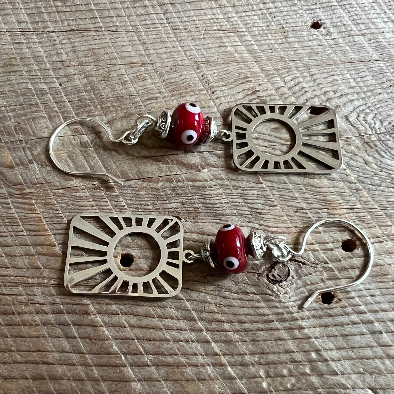 SariBlue® Sunburst with Deep Red Evil Eye Earrings