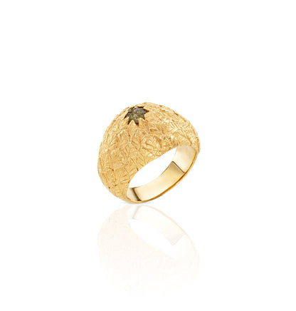 Gold nature inspired dome ring with green tourmaline, made by artisans, flat lay, chicago ethical gold ring jewelry 