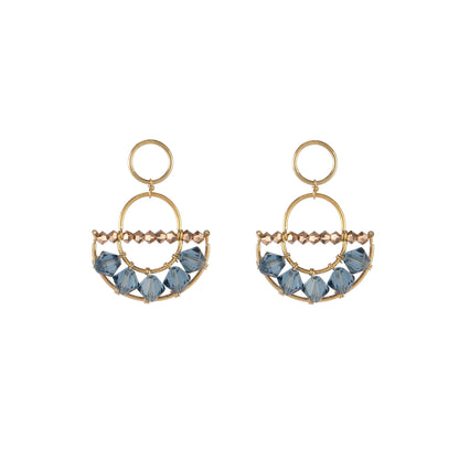 Olakira handmade Maasai beadwork rose gold half moon earrings with blue Swarovski crystal by Sidai Designs, ethical artisan jewelry Tanzania