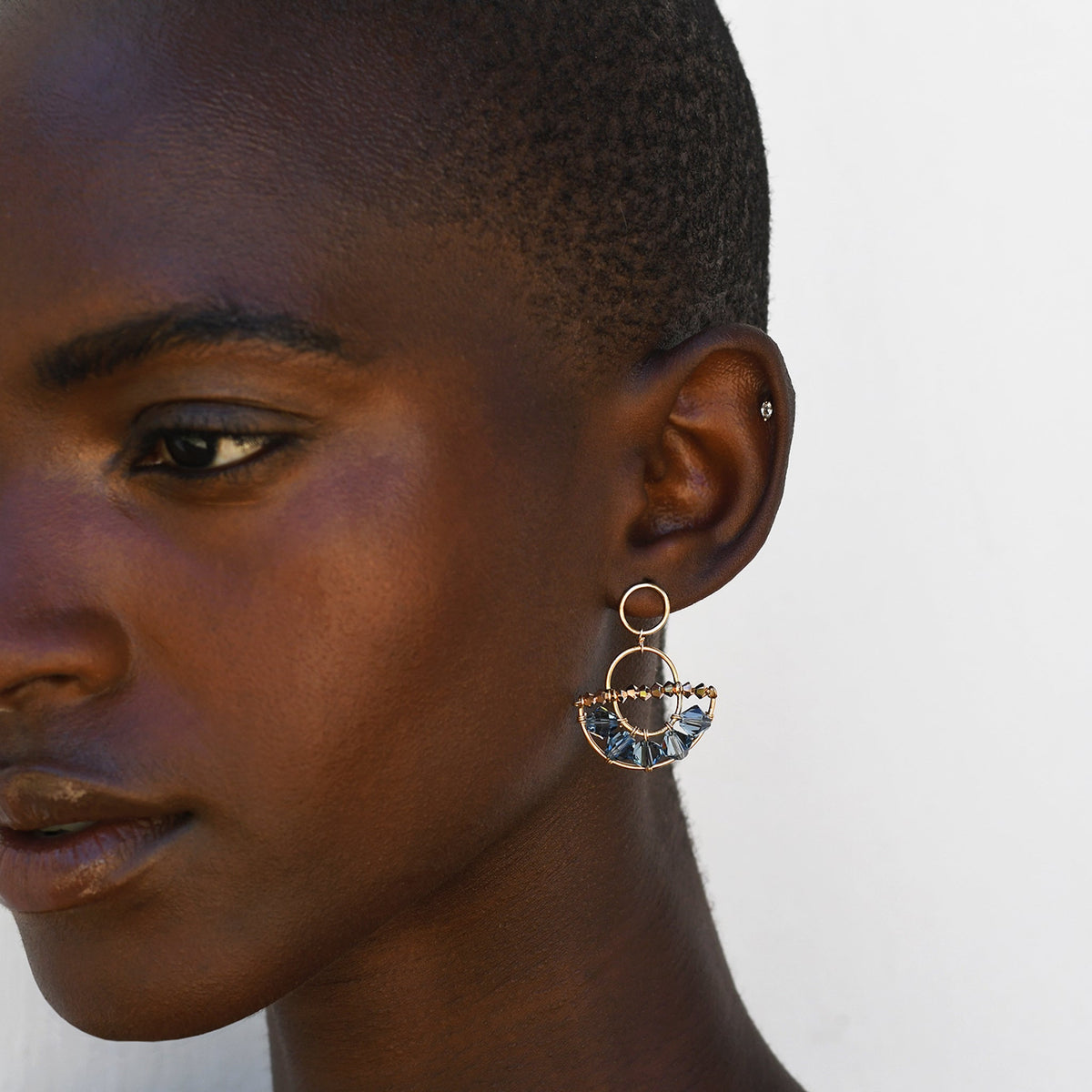 Olakira  Rose Gold &amp; Blue Swarovski Crystal Half Moon Earrings