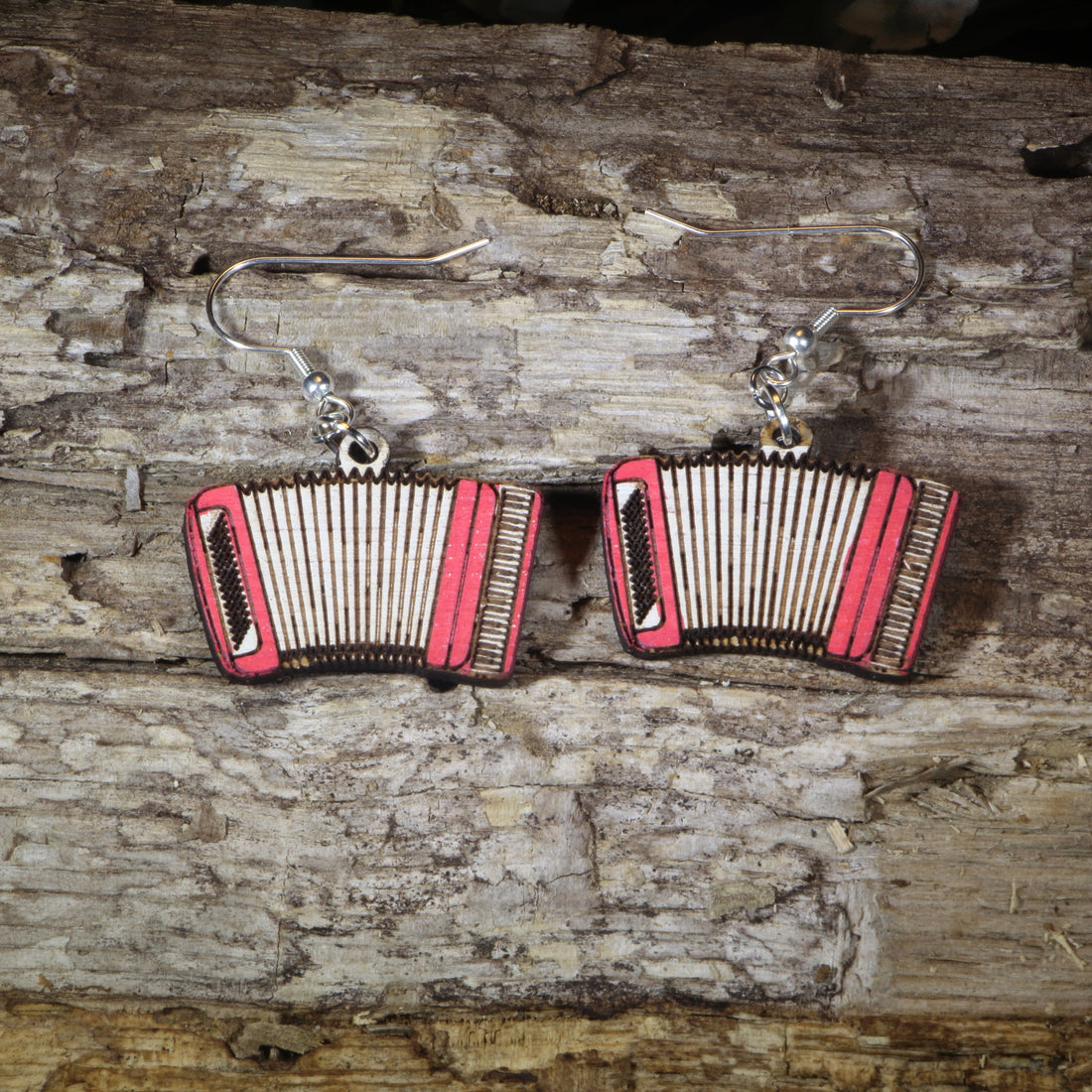 Hand-painted wooden accordion dangle earrings featuring detailed accordion instrument artwork, hypoallergenic sterling silver hooks, and lightweight musician jewelry for accordion players, folk music lovers, and band enthusiasts by Cate&