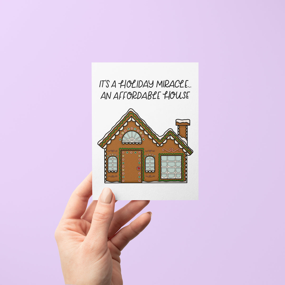 Affordable Gingerbread House Card detail — hand lettered housing market humor Christmas card by indie artist MangoIllustrated