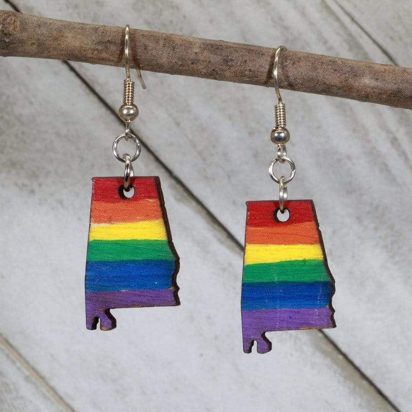 Hand-painted wooden Alabama pride dangle earrings with LGBTQ rainbow state design and hypoallergenic sterling silver hooks, lightweight Alabama statement jewelry earrings for pride and inclusive style