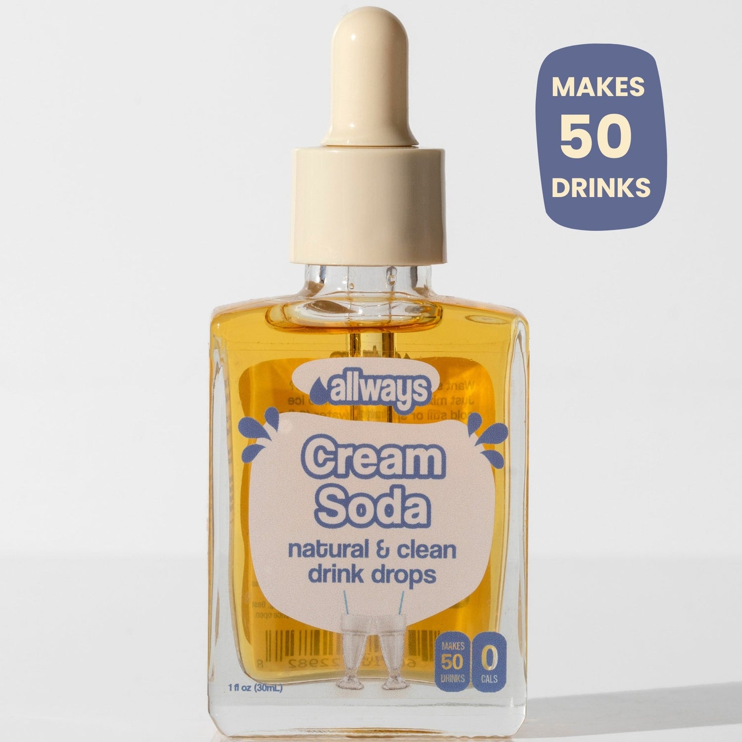 Bottle of Allways Cream Soda drink drops with a dropper on a light gray background