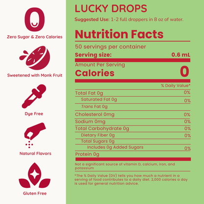 Nutrition facts label for Lucky Drops product on a green background