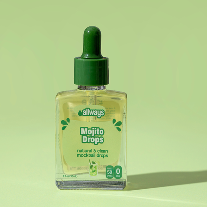 Bottle of allways Mojito Drops on a green background