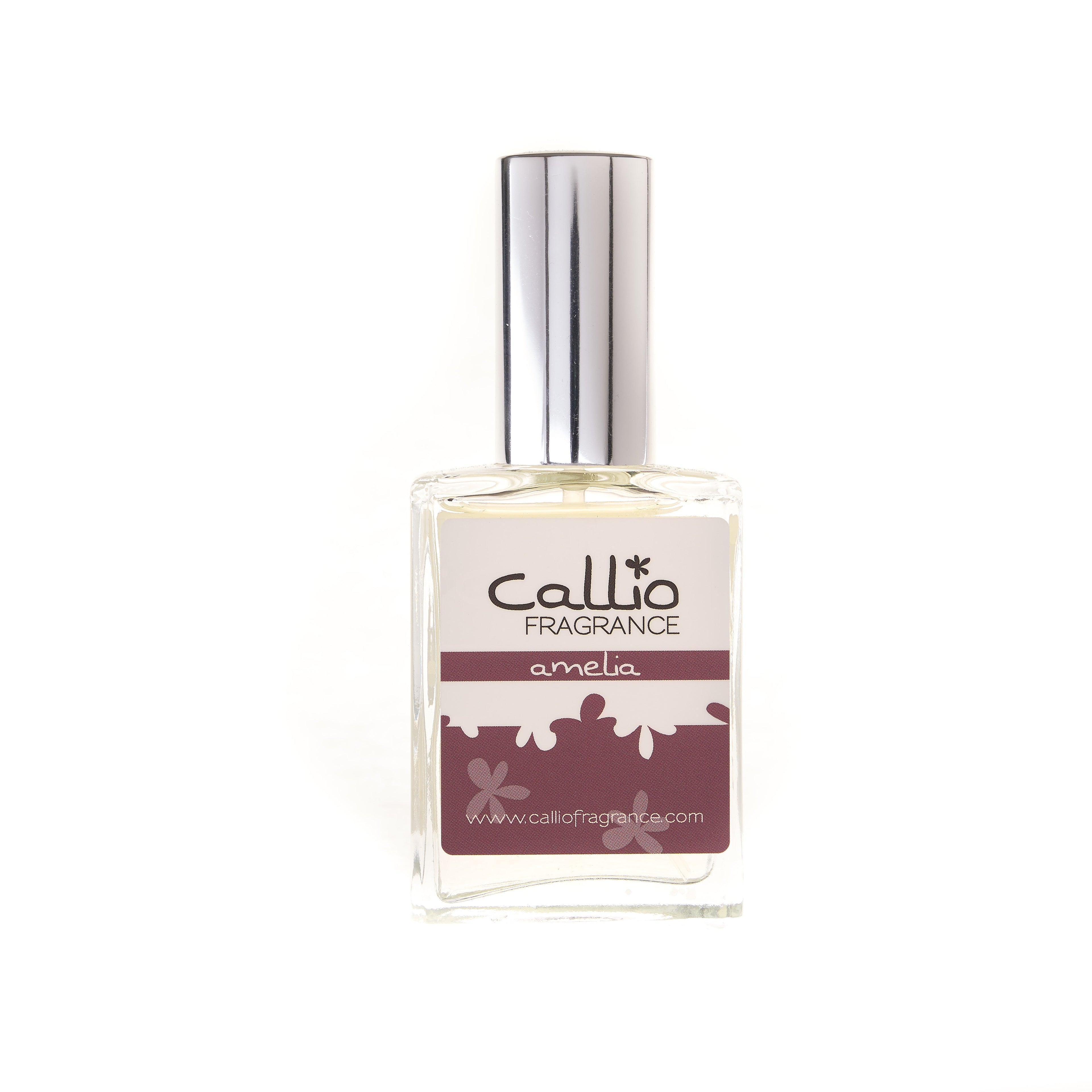 Image of a one-ounce bottle of Amelia Perfume by Callio Fragranceon a bright white background. The perfume includes notes of blackberry, rose, and vanilla.