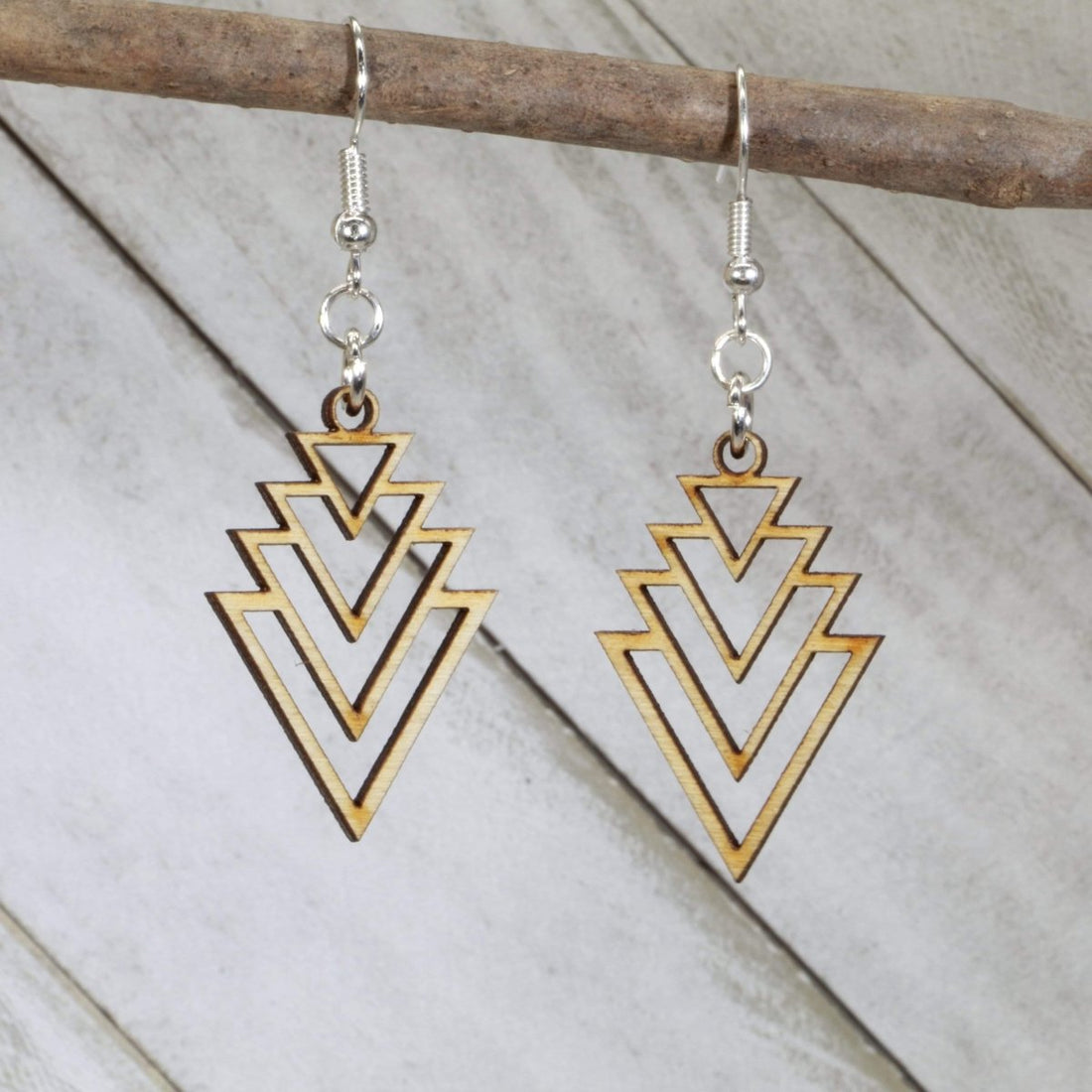 Hand-painted wooden Art Deco cascade dangle earrings with layered geometric design and hypoallergenic sterling silver hooks, lightweight vintage statement jewelry earrings for retro glam style 