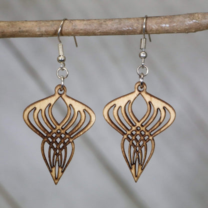 Hand-painted wooden Art Deco Gatsby twist dangle earrings featuring a vintage geometric swirl design with elegant lines and hypoallergenic sterling silver hooks, lightweight jewelry for 1920s style lovers and vintage fashion enthusiasts by Cate’s Concepts