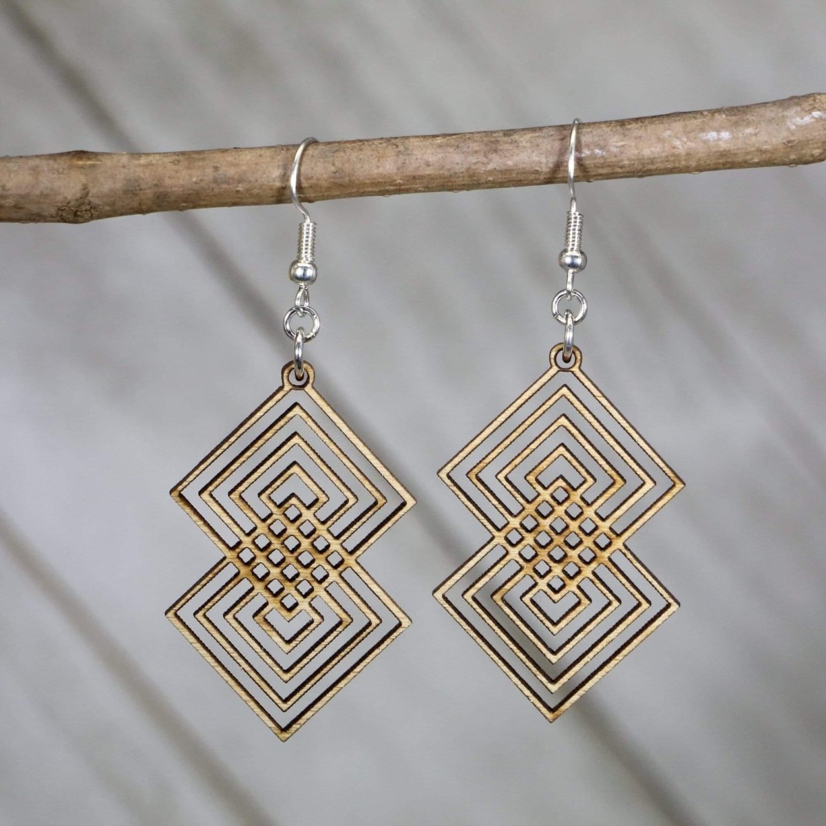 Hand-painted wooden Art Deco interlocking diamond dangle earrings with geometric vintage design and hypoallergenic sterling silver hooks, elegant statement jewelry earrings for retro glam style 
