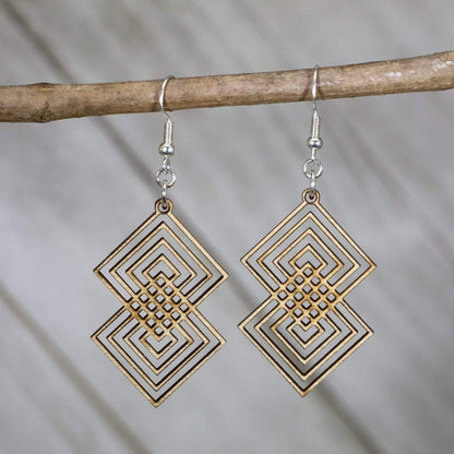 Hand-painted wooden Art Deco interlocking diamond dangle earrings with geometric vintage design and hypoallergenic sterling silver hooks, elegant statement jewelry earrings for retro glam style 
