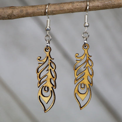 Hand-painted wooden Art Nouveau feather dangle earrings with elegant flowing design and hypoallergenic sterling silver hooks, lightweight feather statement jewelry earrings for vintage-inspired and boho style