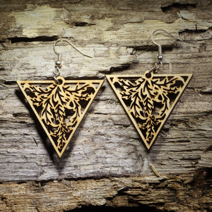 Natural wood Art Nouveau Triangle Wooden Dangle Earrings | Nature Filigree Jewelrywith intricate botanical leaf cutout design, lightweight nature-inspired geometric jewelry