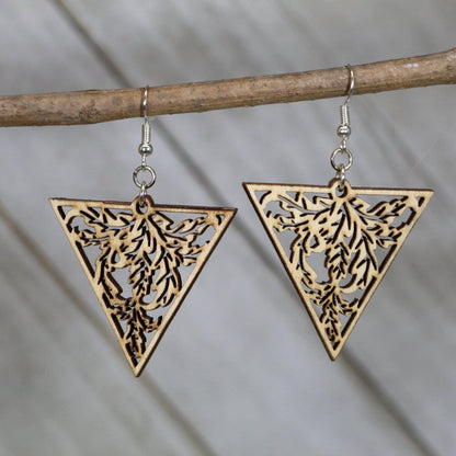 Hand-painted wooden Art Nouveau triangle dangle earrings featuring a nature-inspired filigree design with flowing lines and organic detail and hypoallergenic sterling silver hooks, lightweight jewelry for vintage style lovers and botanical art enthusiasts by Cate’s Concepts
