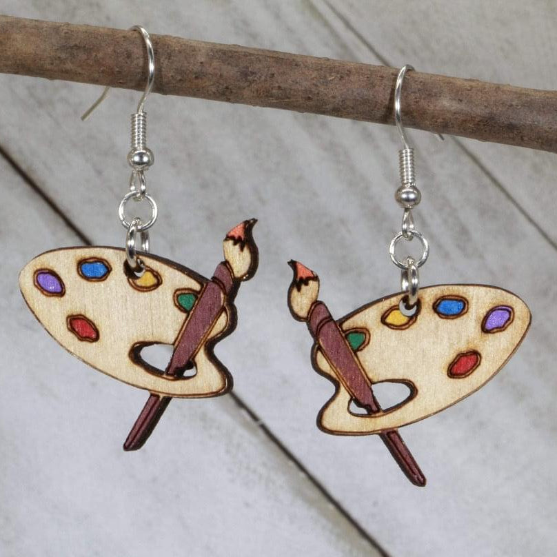 Hand-painted wooden art palette dangle earrings with colorful paint design and hypoallergenic sterling silver hooks, lightweight artist statement jewelry earrings for painters and creatives