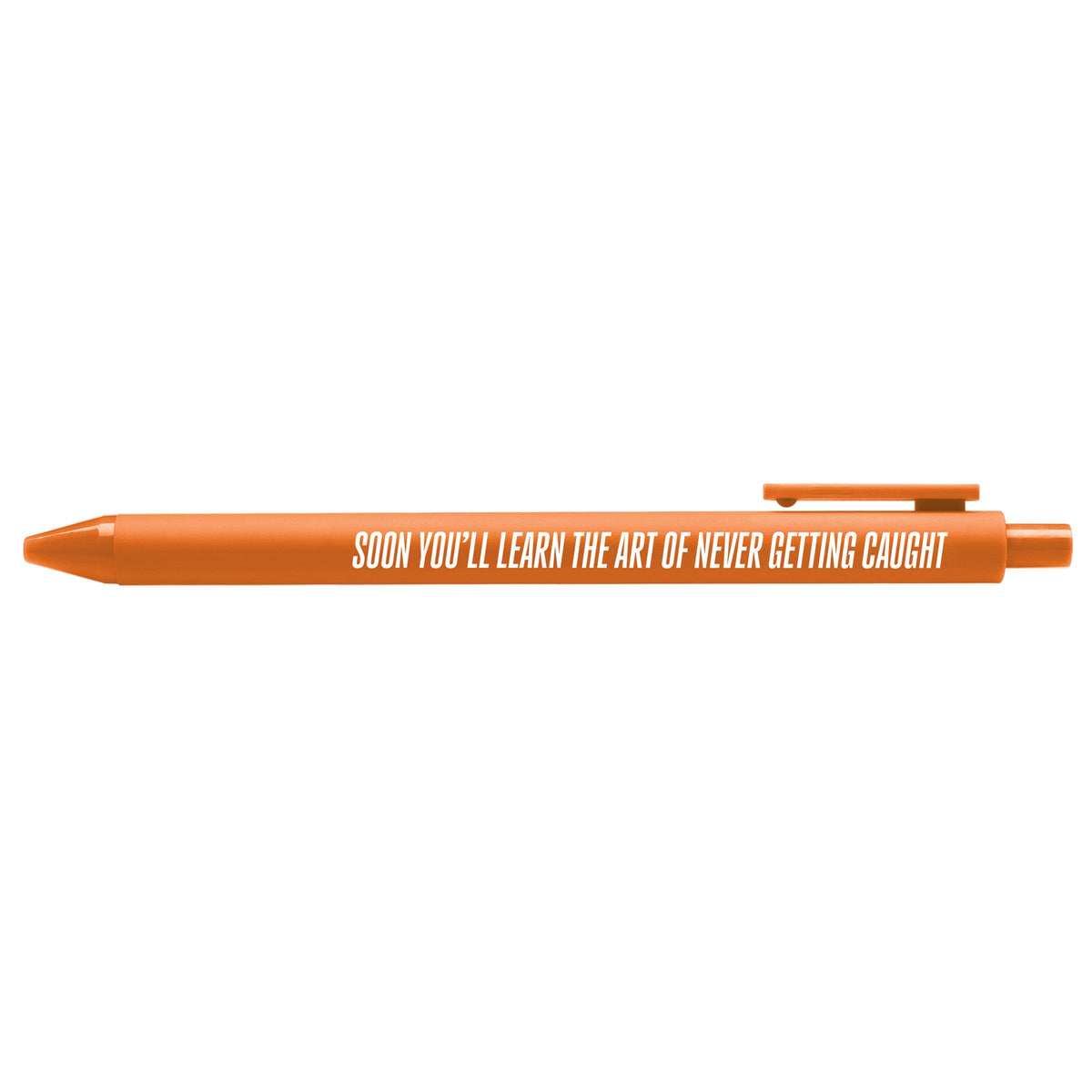 Art of Never Getting Caught pen — orange barrel with printed lettering, 0.5mm fine point, by MangoIllustrated