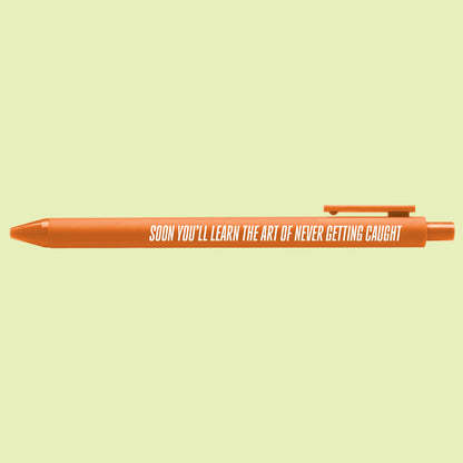 Art of Never Getting Caught pen detail — printed quote lettering on the orange barrel by indie artist MangoIllustrated