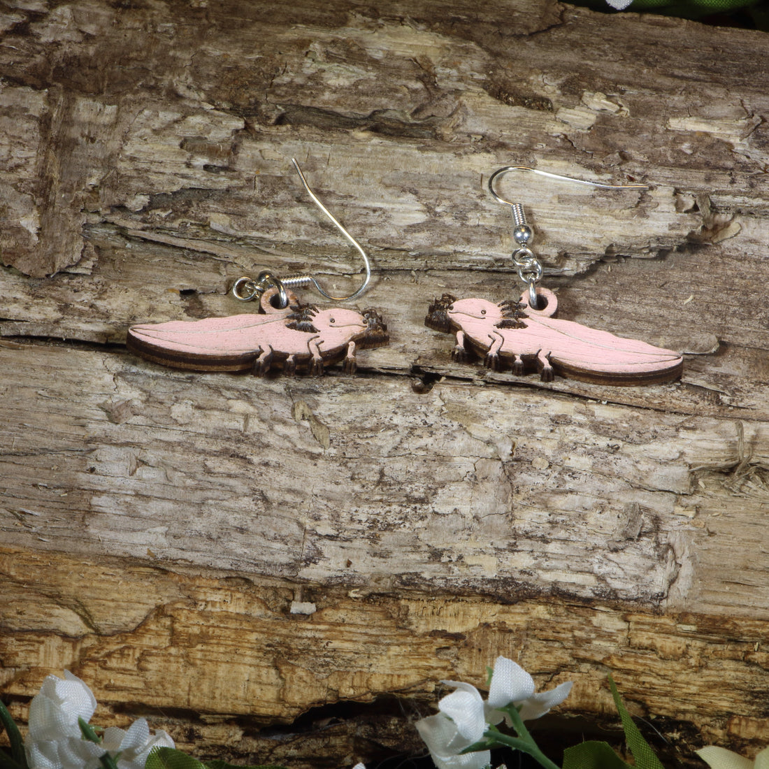 Hand-painted wooden axolotl dangle earrings featuring adorable pink axolotl amphibian designs with detailed external gills, hypoallergenic sterling silver hooks, and lightweight aquatic animal jewelry for amphibian lovers by Cate&