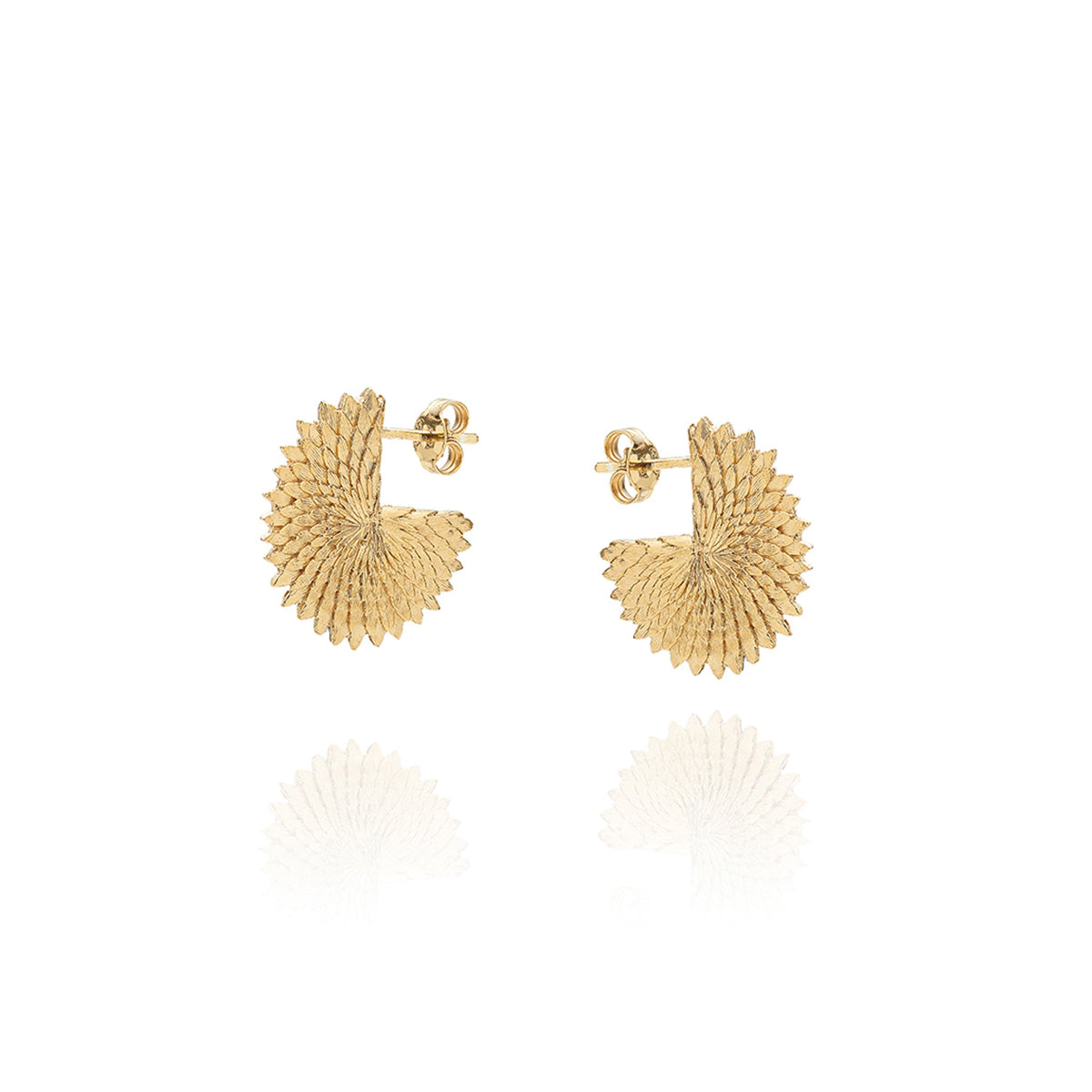 Gold fair trade petal hoop earrings, flat lay