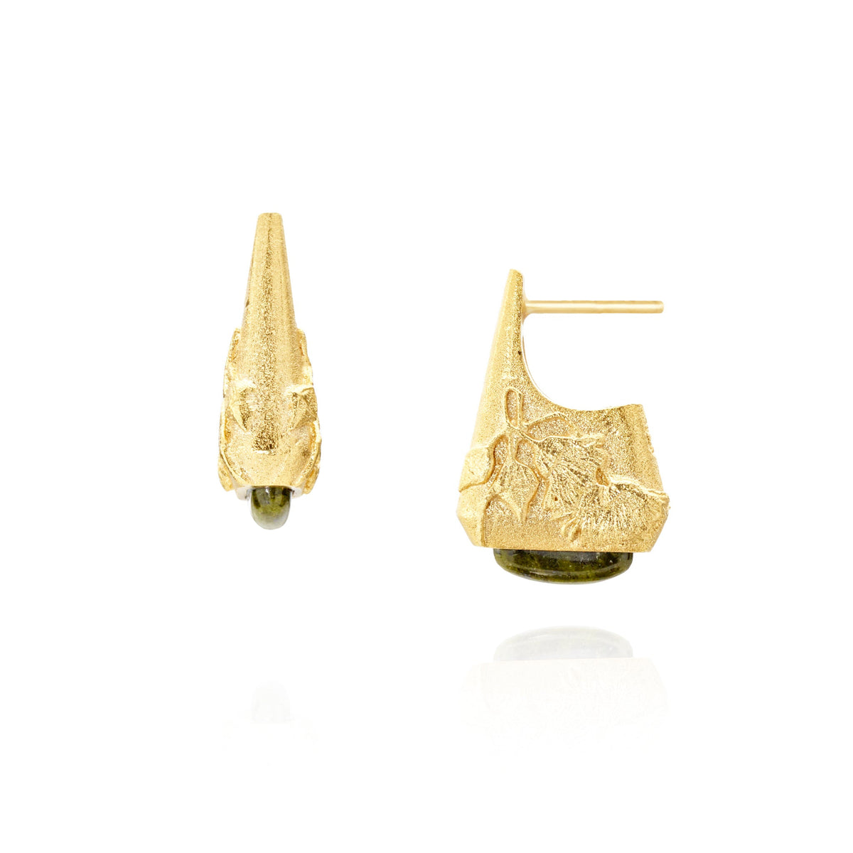 Handmade gold eucalyptus and jasper earrings, flat lay