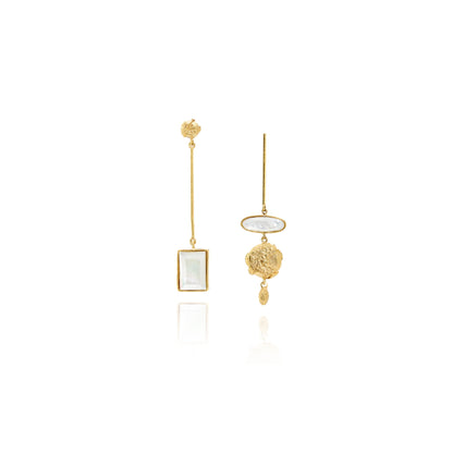 handcrafted asymmetric gold earrings, mother of pearl, flat lay