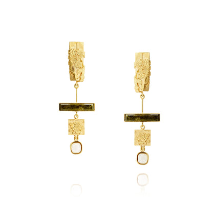 Ethically handmade gold earrings with eucalyptus motif, jasper and motherr of pearl stone, flat lay