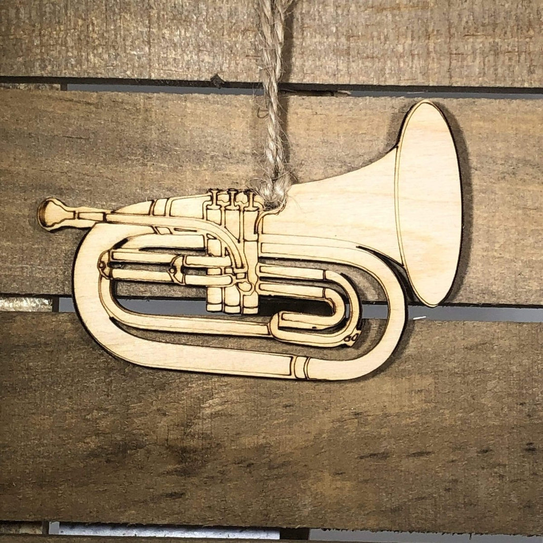 Hand-painted wooden baritone horn Christmas ornament featuring a detailed brass instrument design with curved tubing and bell, festive holiday decor for band members and music lovers by Cate’s Concepts