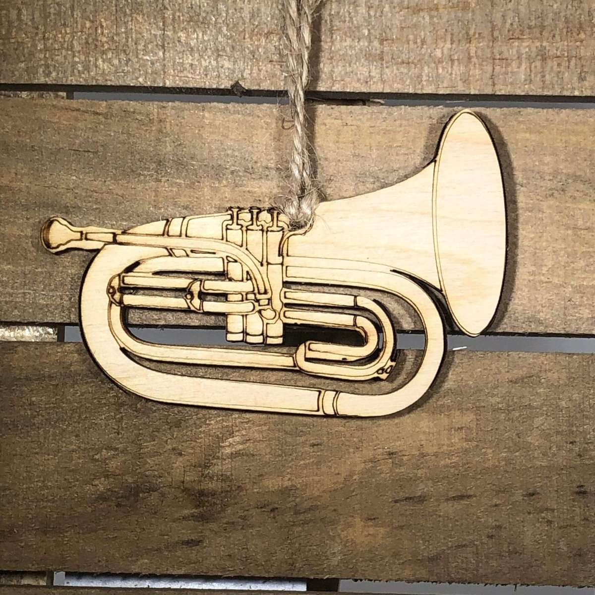 Hand-painted wooden baritone horn Christmas ornament featuring a detailed brass instrument design with curved tubing and bell, festive holiday decor for band members and music lovers by Cate’s Concepts