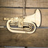 Hand-painted wooden baritone horn Christmas ornament featuring a detailed brass instrument design with curved tubing and bell, festive holiday decor for band members and music lovers by Cate’s Concepts
