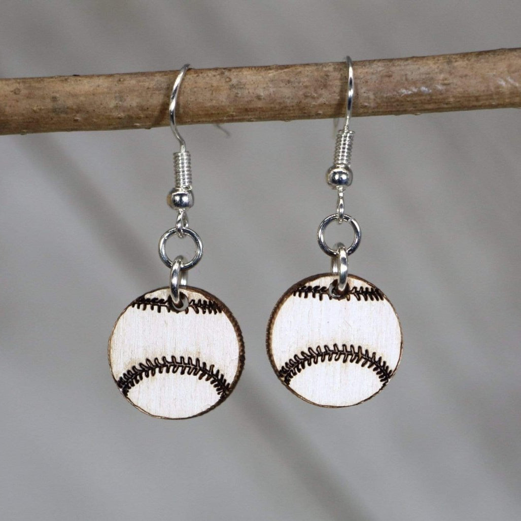 Hand-painted wooden baseball dangle earrings with classic sports ball design and hypoallergenic sterling silver hooks, lightweight baseball statement jewelry earrings for players, fans, and baseball moms