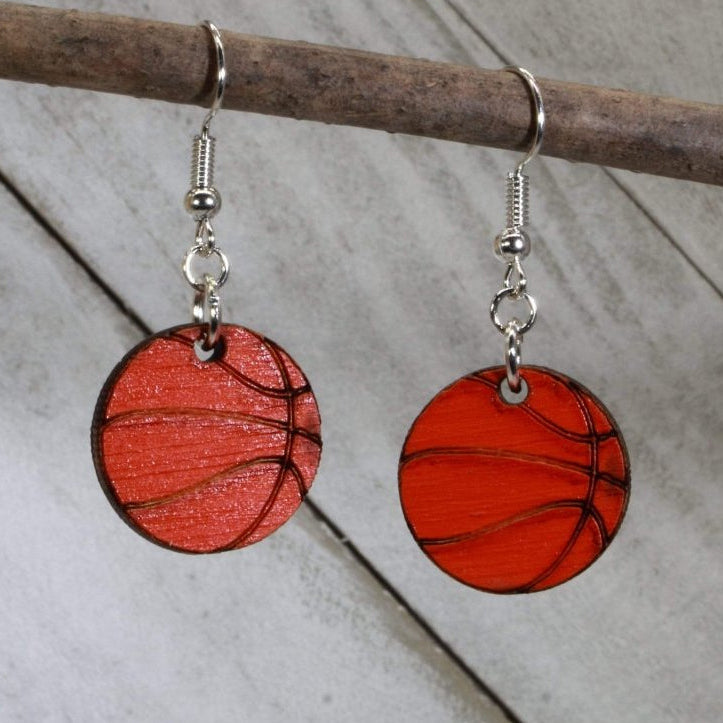 Hand-painted wooden basketball dangle earrings with classic orange ball design and hypoallergenic sterling silver hooks, lightweight basketball statement jewelry earrings for players, fans, and basketball moms