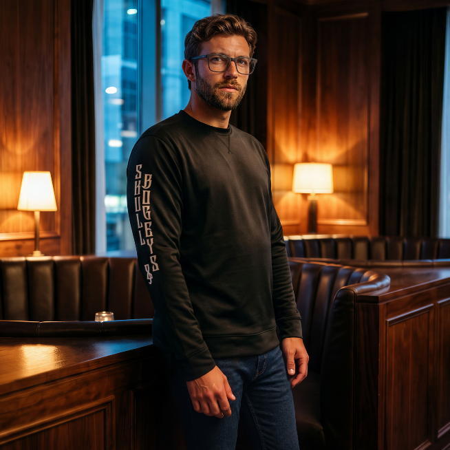 A man wearing a black long-sleeve crewneck shirt with &