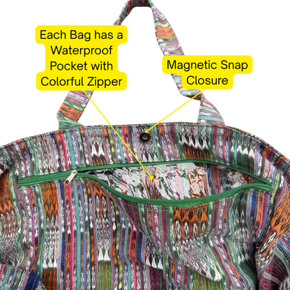 Colorful bag with waterproof pocket and magnetic snap closure features highlighted.