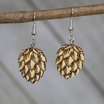Hand-painted wooden beer hops dangle earrings with craft brewery design and hypoallergenic sterling silver hooks, lightweight hops statement jewelry earrings for beer lovers and brewery style