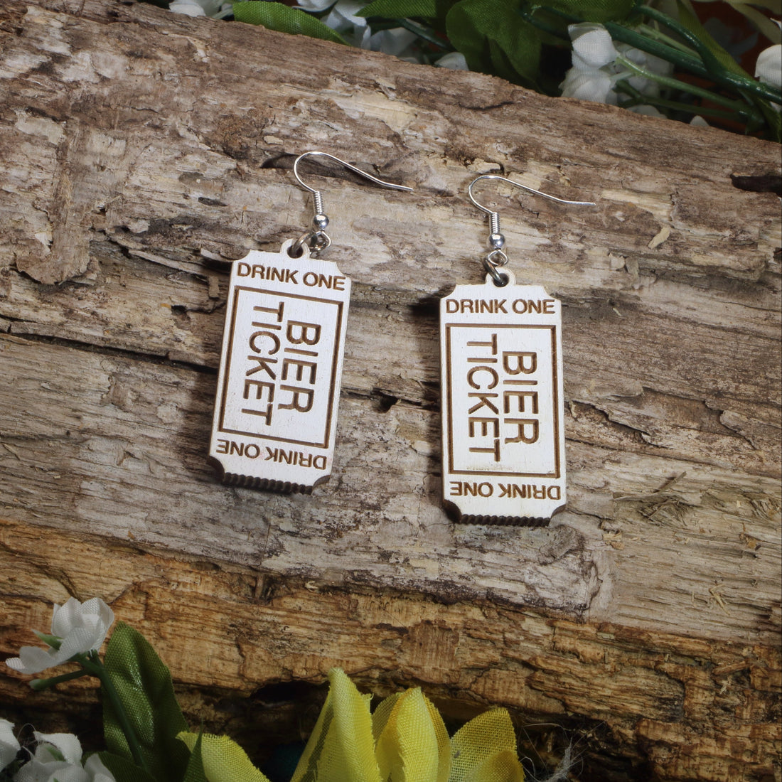 Hand-painted wooden beer ticket dangle earrings featuring a classic Oktoberfest drink ticket design, hypoallergenic sterling silver hooks, and lightweight novelty jewelry for beer lovers, festival goers, and German heritage celebrations by Cate’s Concepts.