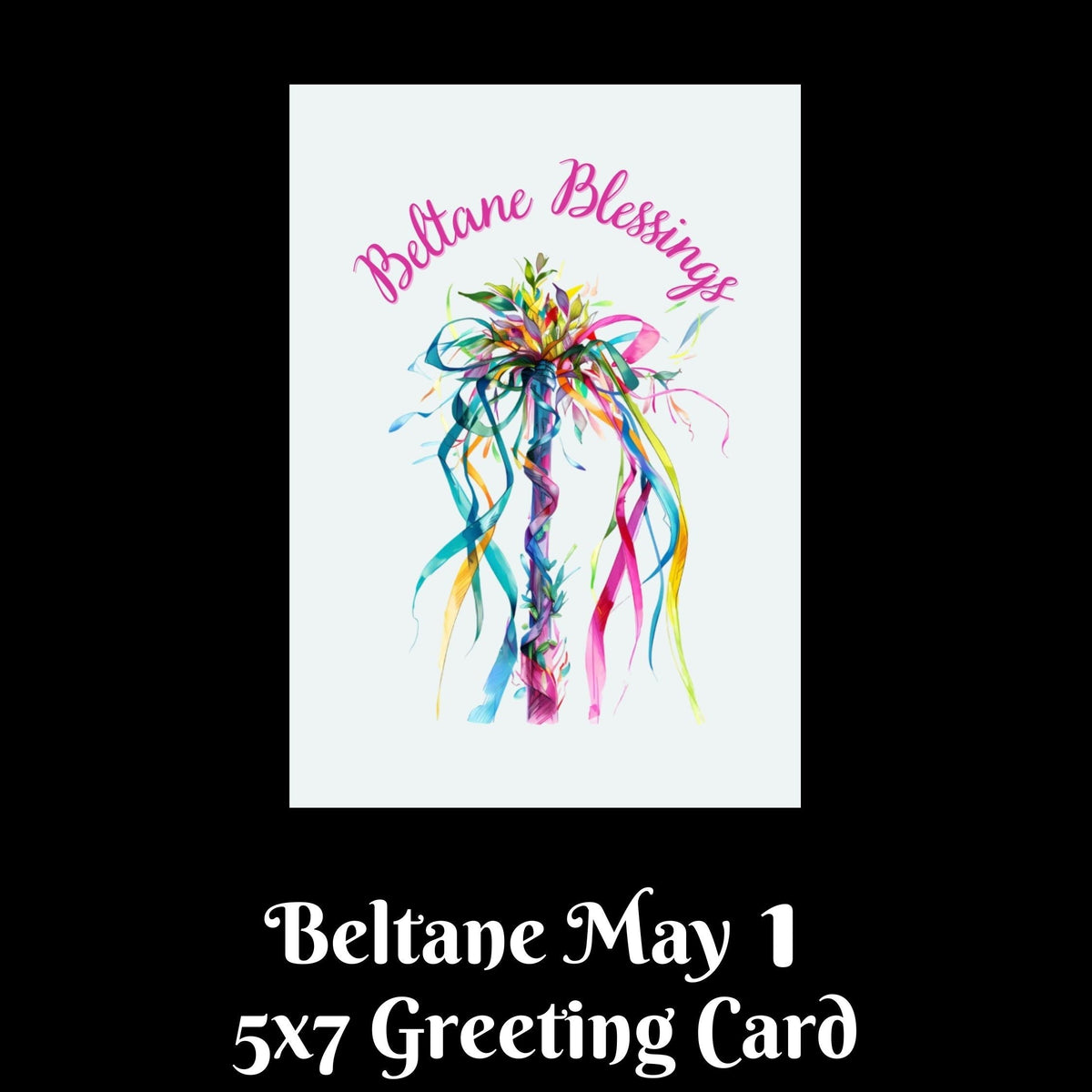 A 5x7 greeting card design shown on a black background with text below reading &