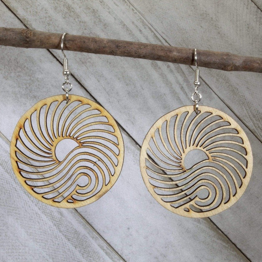 Hand-painted wooden big wave circle dangle earrings with ocean surf design and hypoallergenic sterling silver hooks, lightweight wave statement jewelry earrings for beach lovers and coastal style 