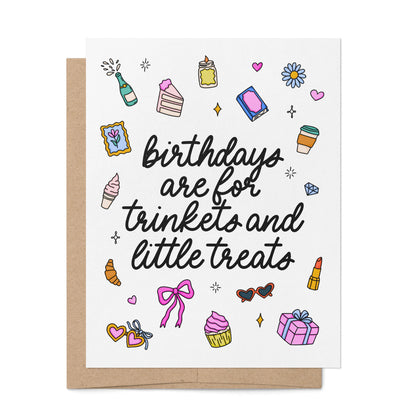 Trinkets and Little Treats Birthday Card with A2 kraft envelope — cute illustrated birthday card by indie artist MangoIllustrated