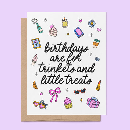 Trinkets and Little Treats Birthday Card flat lay — cute birthday card for a best friend by indie artist MangoIllustrated