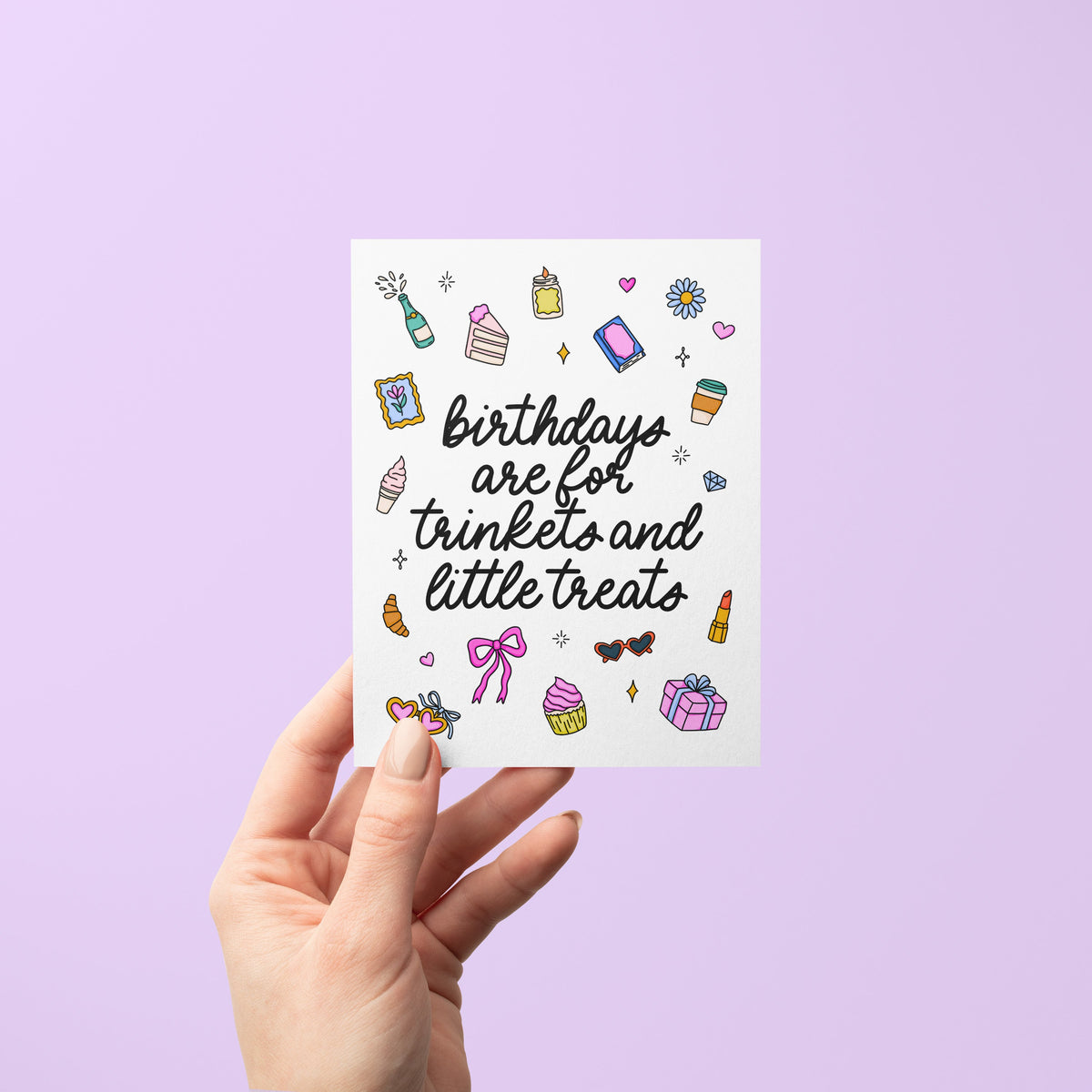 Trinkets and Little Treats Birthday Card detail — hand lettered little treats greeting by indie artist MangoIllustrated