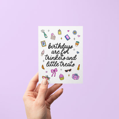 Trinkets and Little Treats Birthday Card detail — hand lettered little treats greeting by indie artist MangoIllustrated