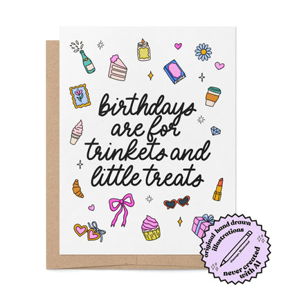 Trinkets and Little Treats Birthday Card — hand drawn trinkets and treats with hand lettered greeting, A2 4.25 x 5.5 in folded card, by MangoIllustrated