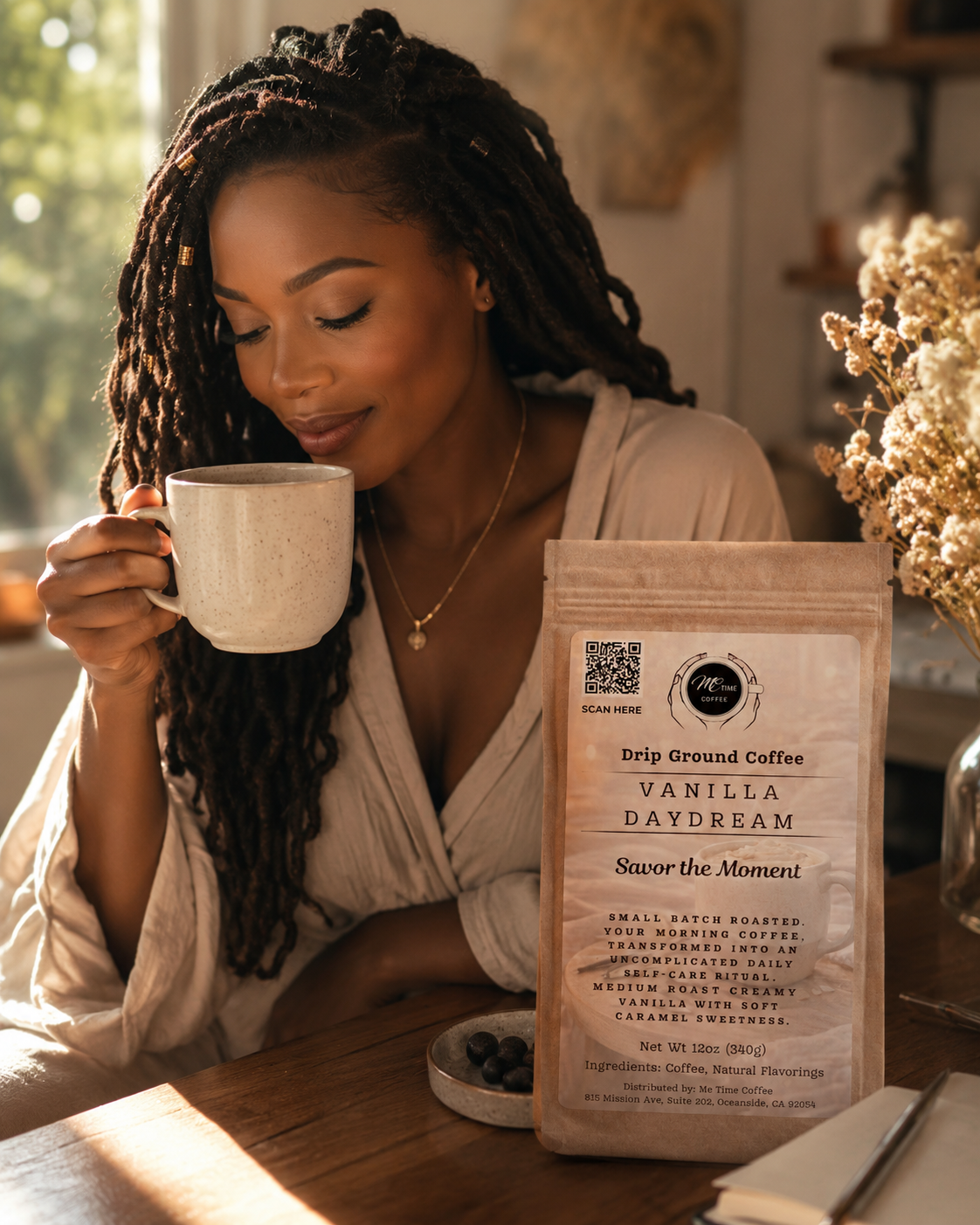 Woman holding a mug with a bag of Vanilla Daydream coffee on a table.